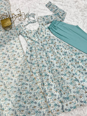 Heavy Orange Chiffon Floral Print Printed Anarkali Set – White Blue