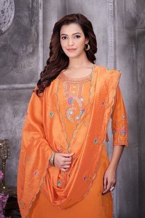 Roman Silk Embroidered Straight Kurti Set – Orange