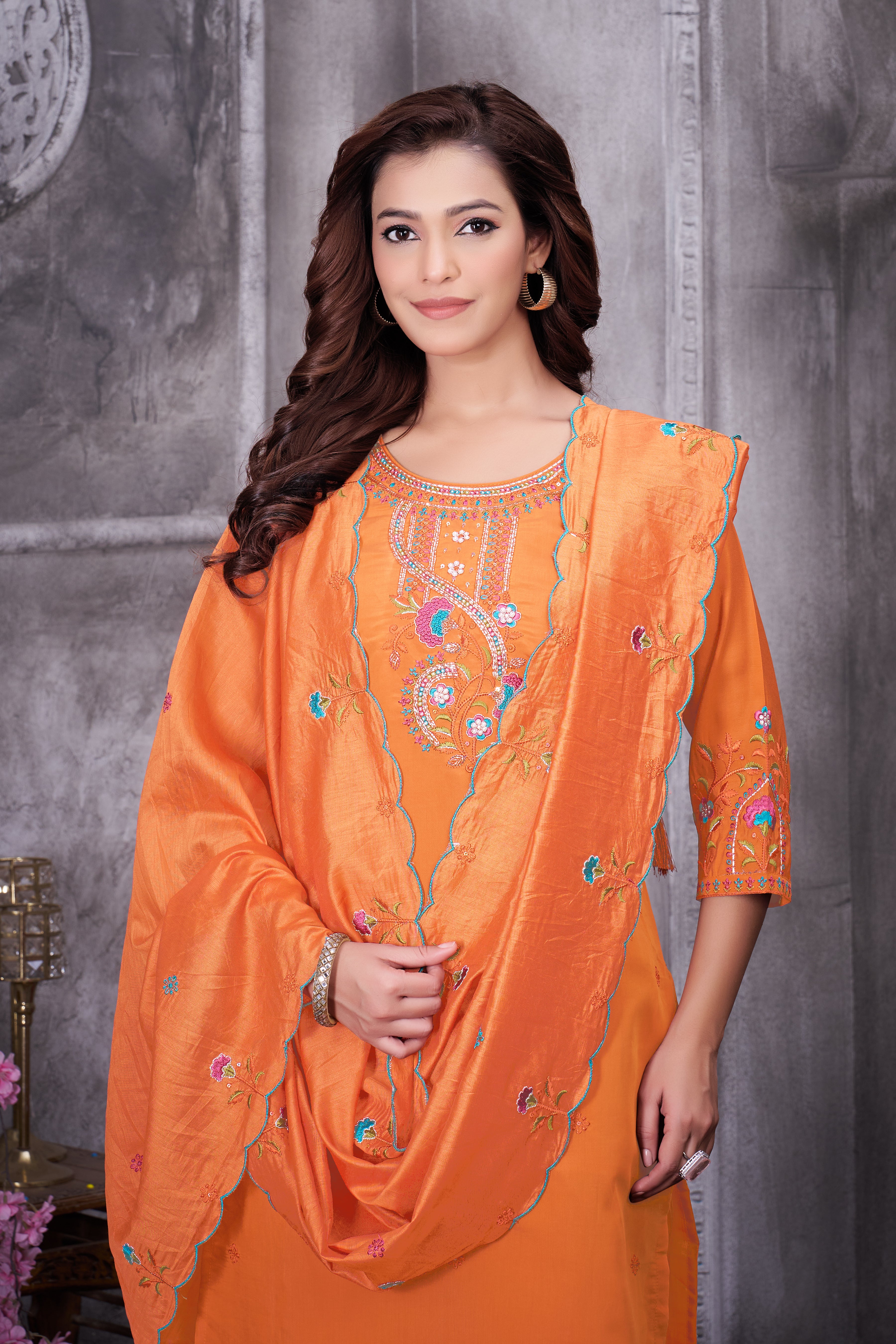 Roman Silk Embroidered Straight Kurti Set – Orange
