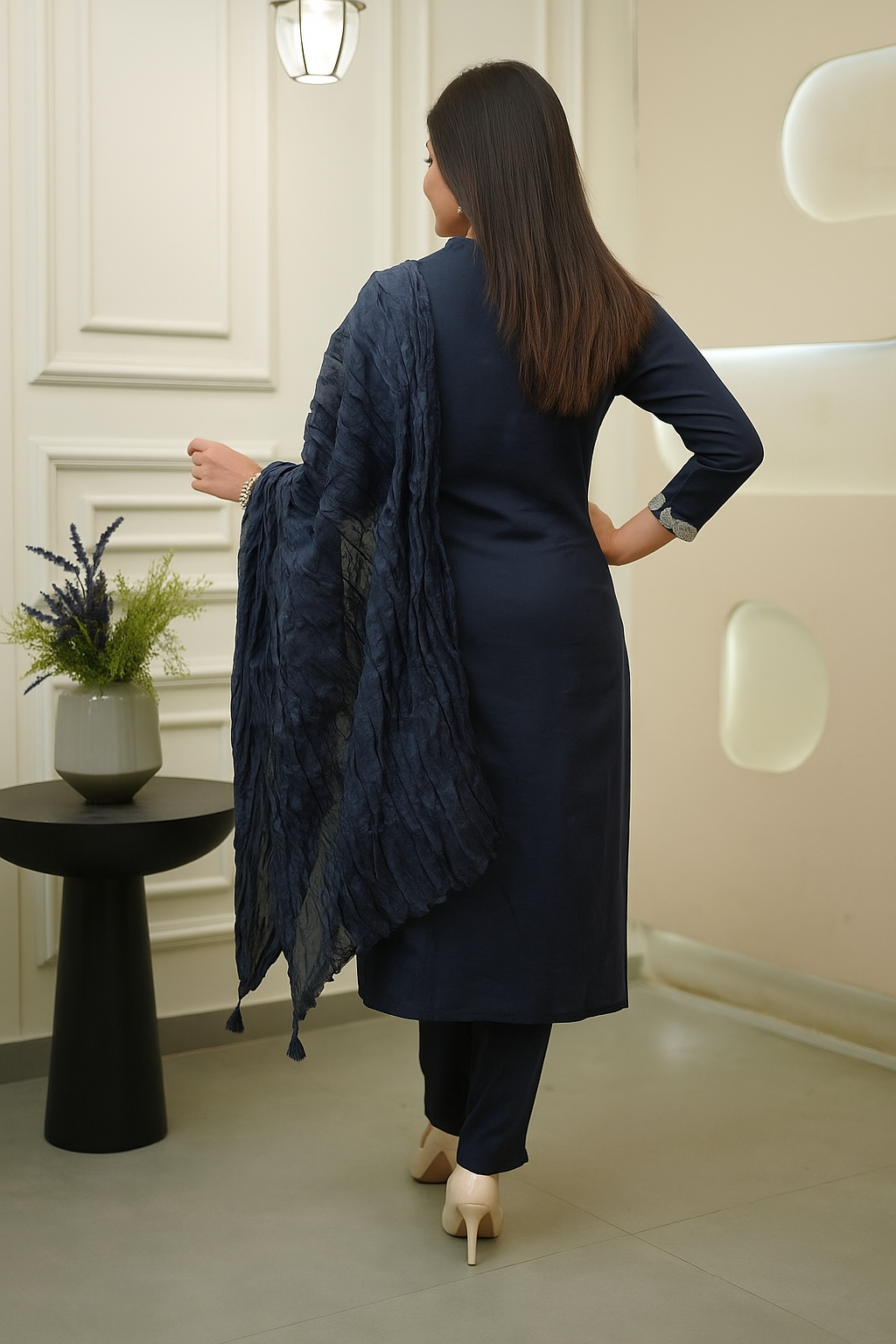 Rayon Slub Embroidered Kurta Pant Dupatta Set – Navy Blue