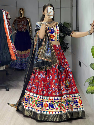 Navratri Red Floral Dola Lehenga Set - Blouse Unstitched
