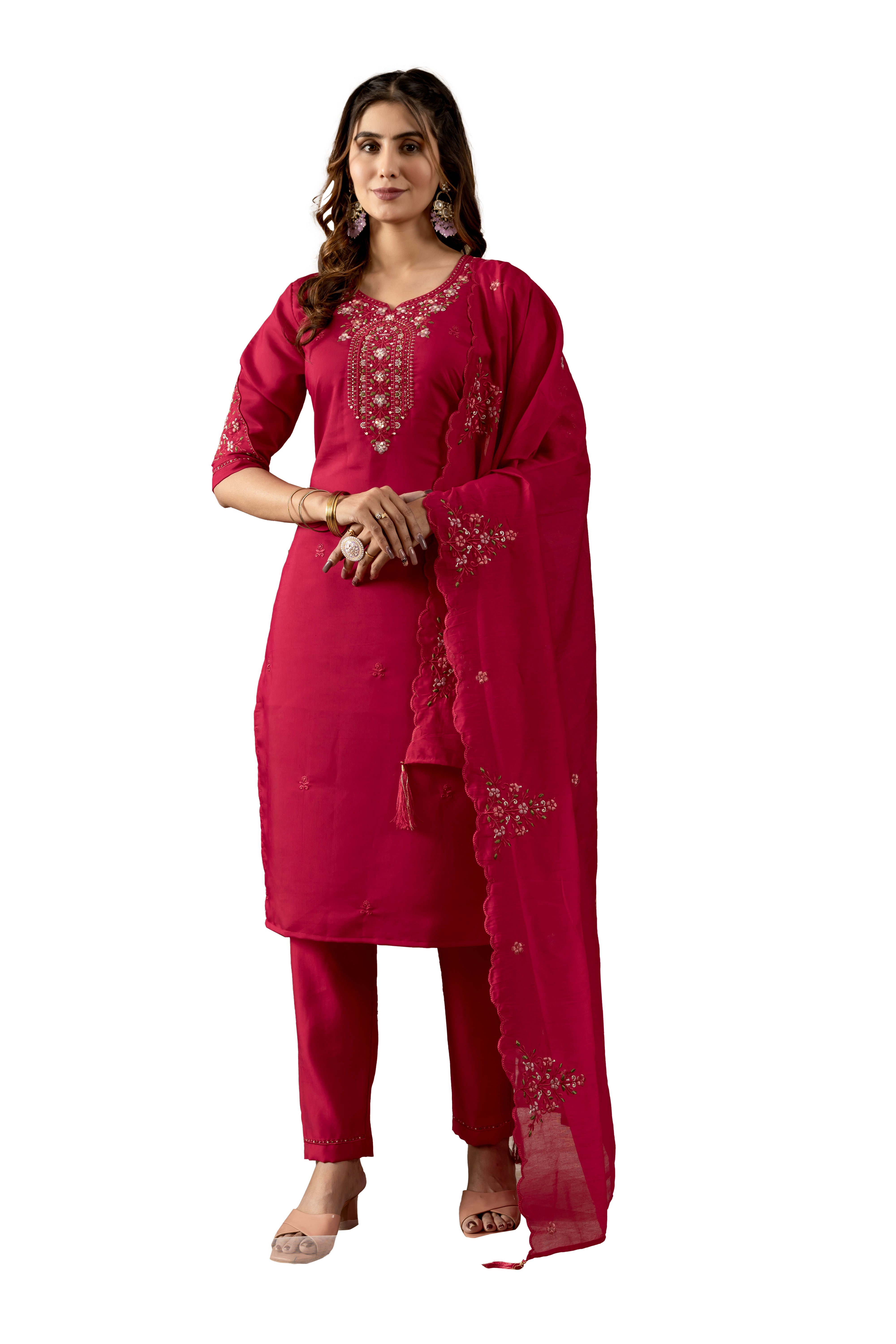 Roman Silk Embroidered Straight Kurti Set – Rani Pink