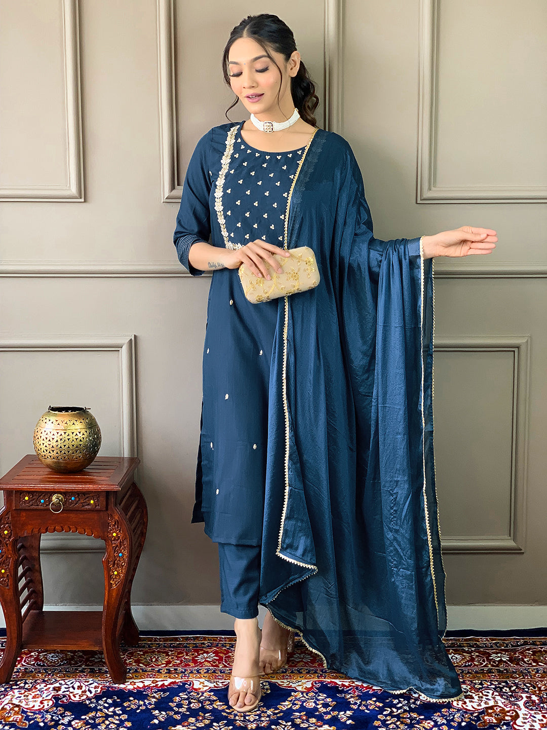 Rayon Slub Embroidered Kurta Pant Dupatta Set – Petrol Blue