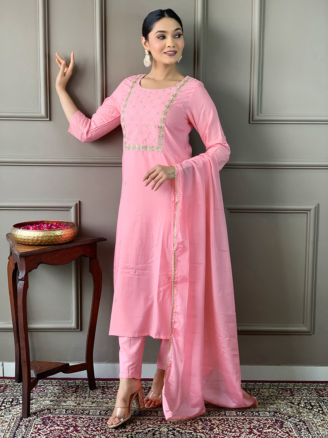 Rayon Slub Embroidered Kurta Pant Dupatta Set – Pink