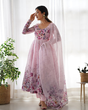 Organza Silk Printed Anarkali Set – Pink