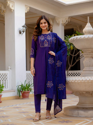 Pure Viscose Mango Silk Embroidered Straight Kurti Set – Violet