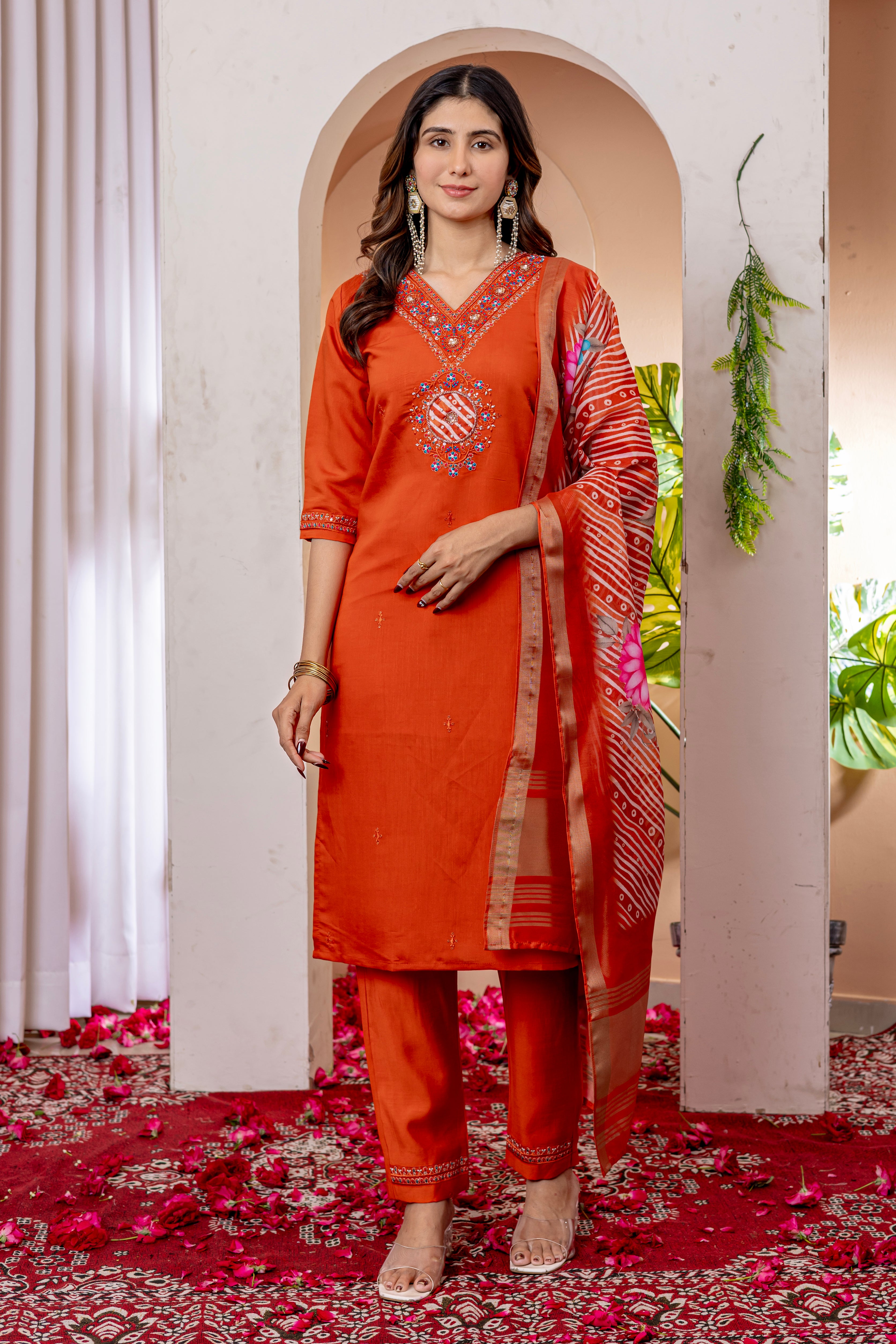Marina Viscose Silk Embroidered Straight Kurti Set – Orange
