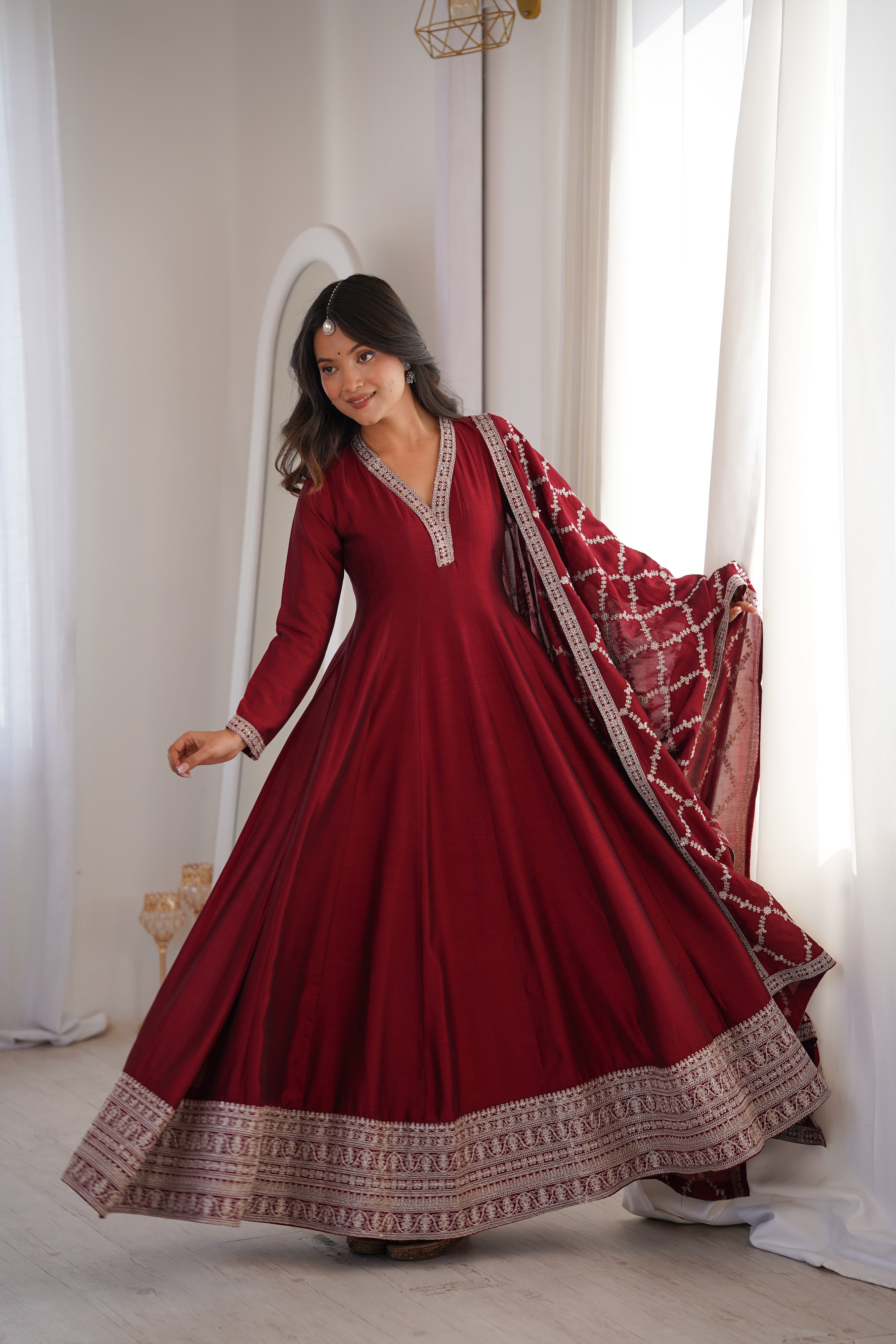 Vichitra Silk Embroidered Gown Set – Maroon