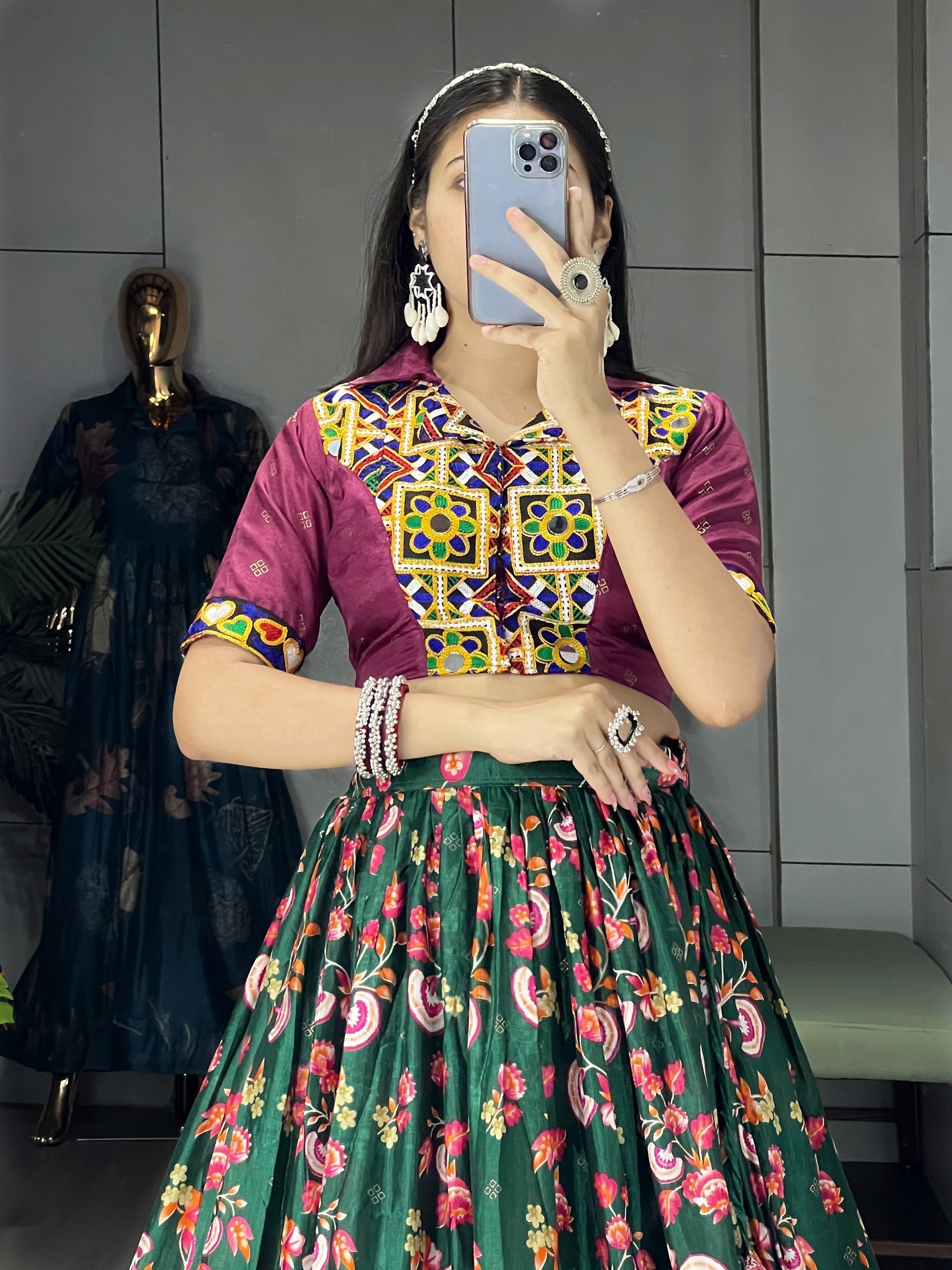 Navratri Green Floral Lehenga Set