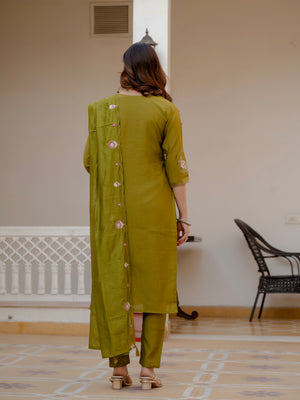 Pure Viscose Mango Silk Embroidered Straight Kurti Set – Mahendi Green