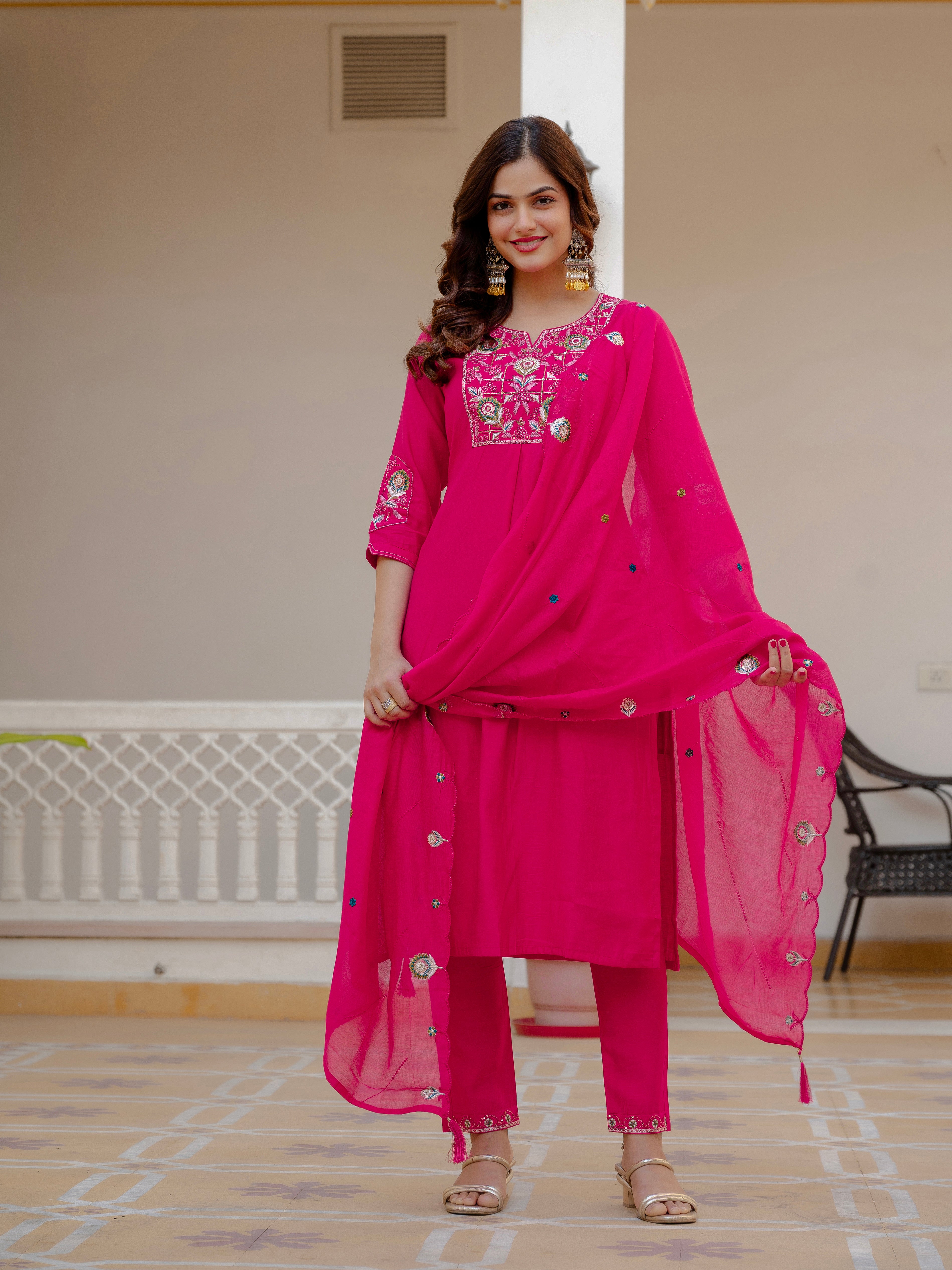 Pure Viscose Mango Silk Embroidered Straight Kurti Set – Pink