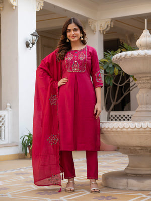Pure Viscose Mango Silk Embroidered Straight Kurti Set – Pink