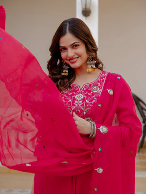 Pure Viscose Mango Silk Embroidered Straight Kurti Set – Pink