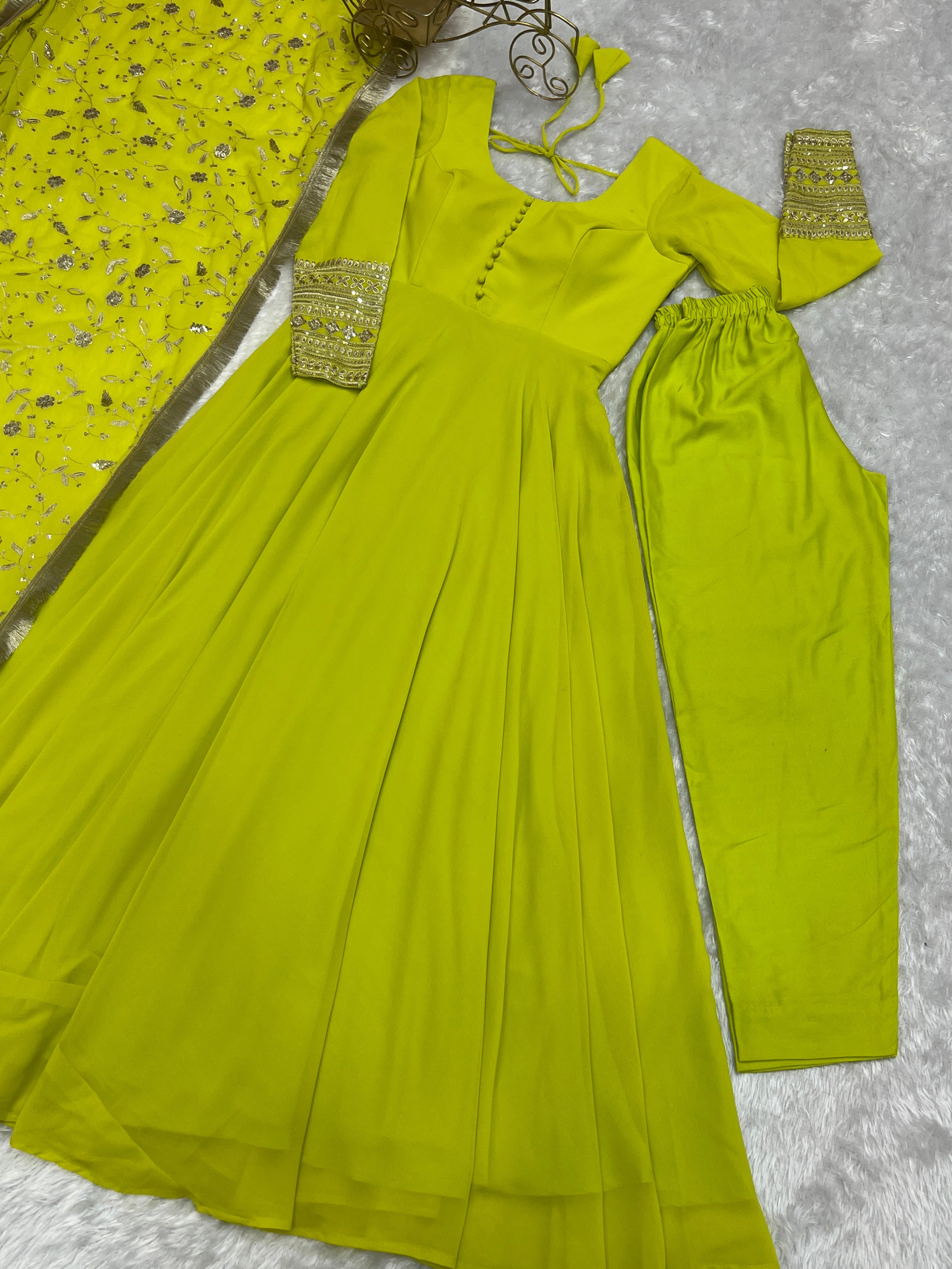 Georgette Embroidered Gown Set – Lemon Green