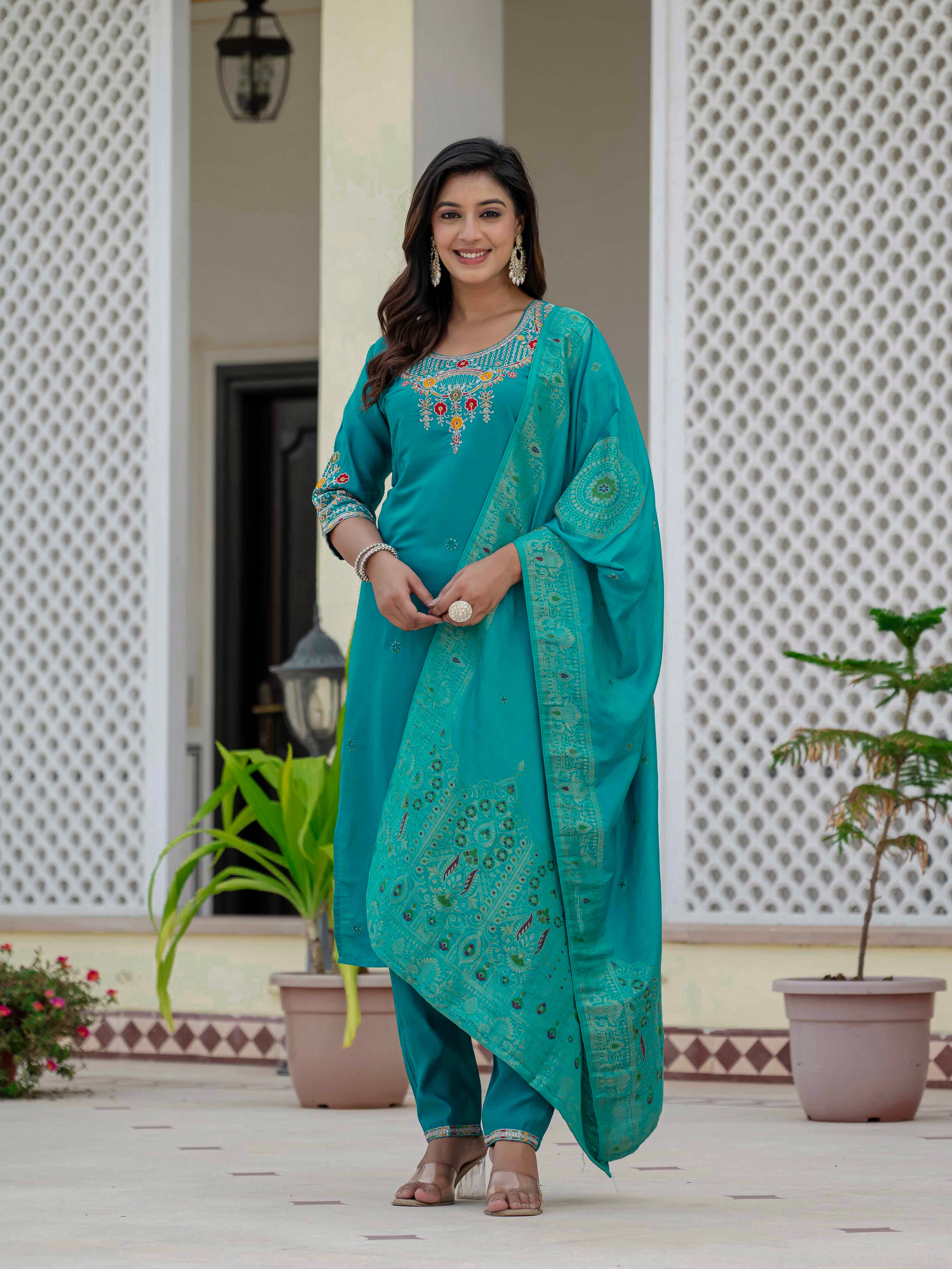 Premium Roman Silk Embroidered Straight Kurti Set – Firozi