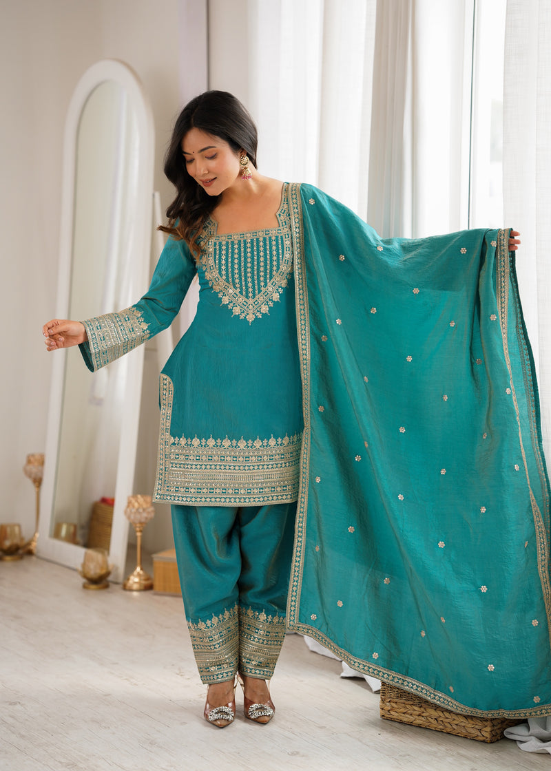 Vichitra Silk Embroidered Farshi Salwar Set – Sea Green