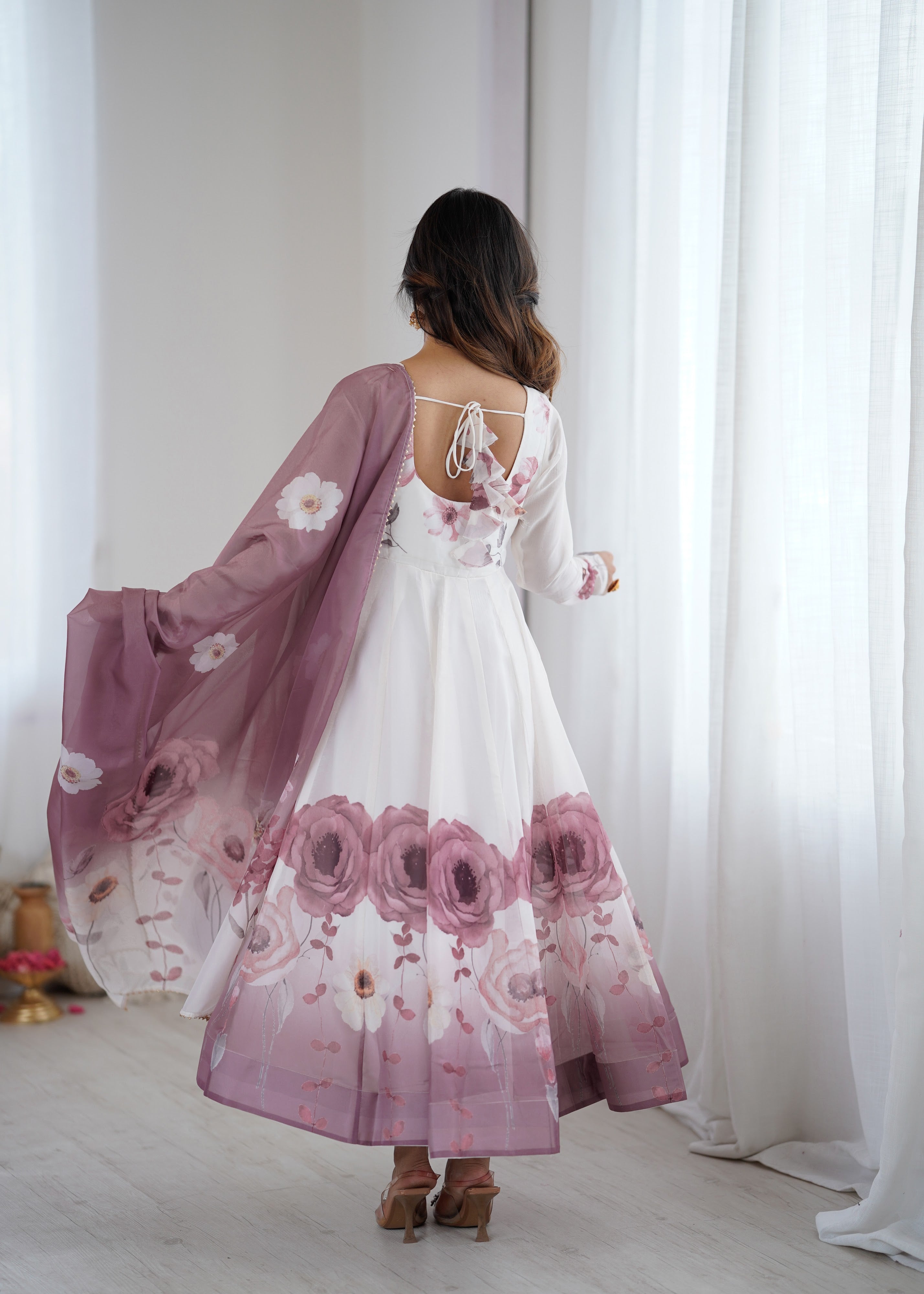 Organza Silk Printed Anarkali Set – Lilac Floral