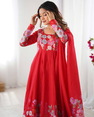 Organza Silk Printed Anarkali Set – Red