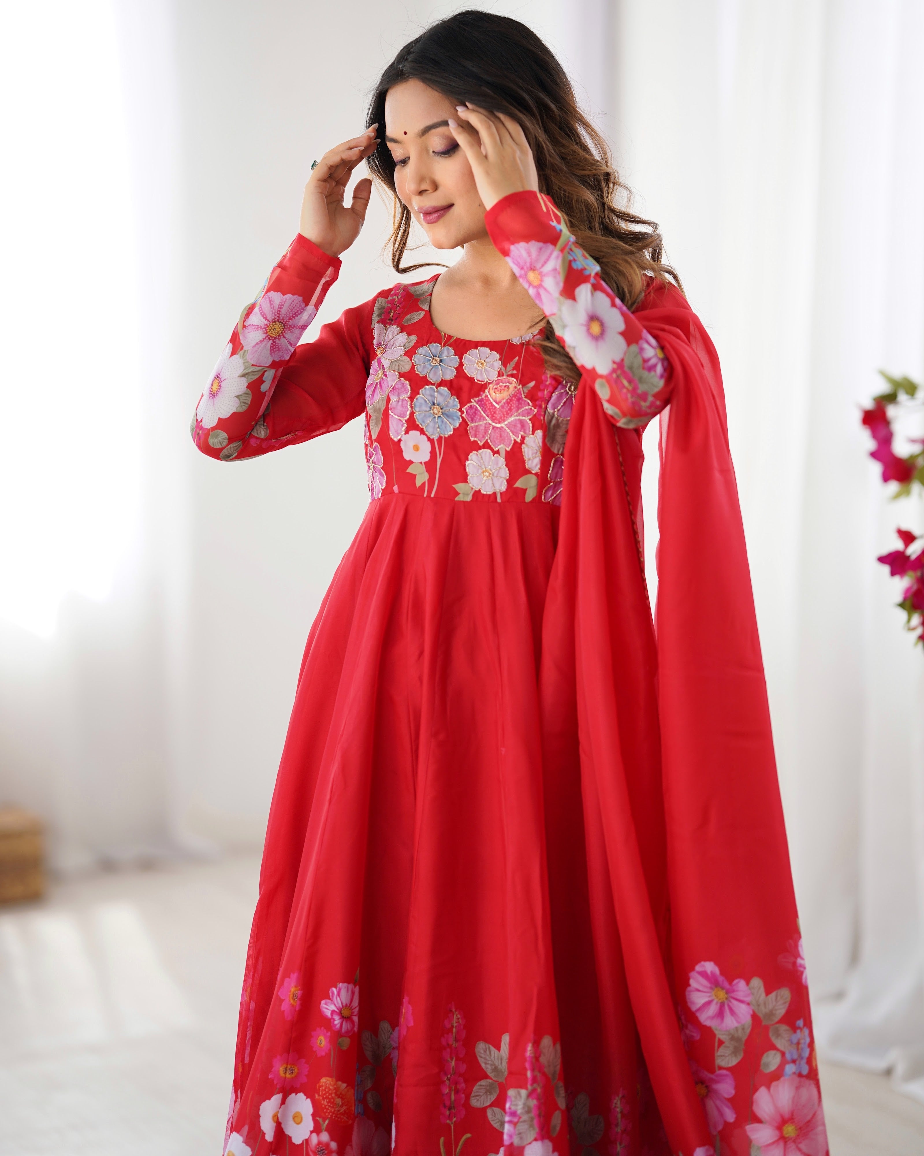 Organza Silk Printed Anarkali Set – Red
