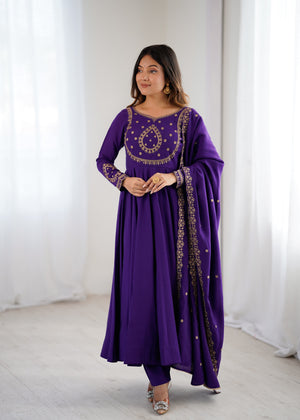 Roman Chanderi Silk Embroidered Anarkali Set – Purple