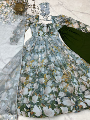 Organza Silk Printed Anarkali Set – Powder Blue Floral