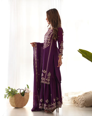 Chinon Silk Embroidered Kurta-Sharara Set – Purple