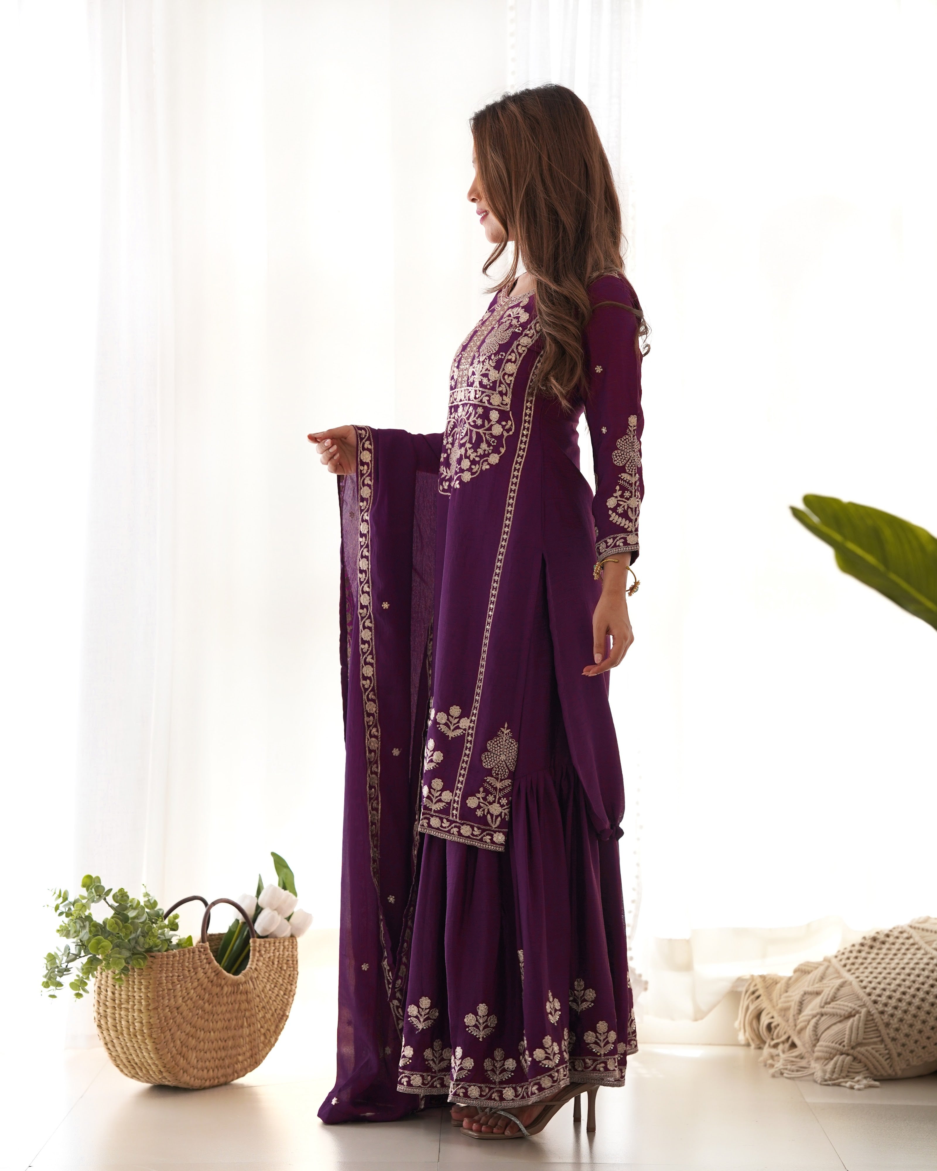 Chinon Silk Embroidered Kurta-Sharara Set – Purple