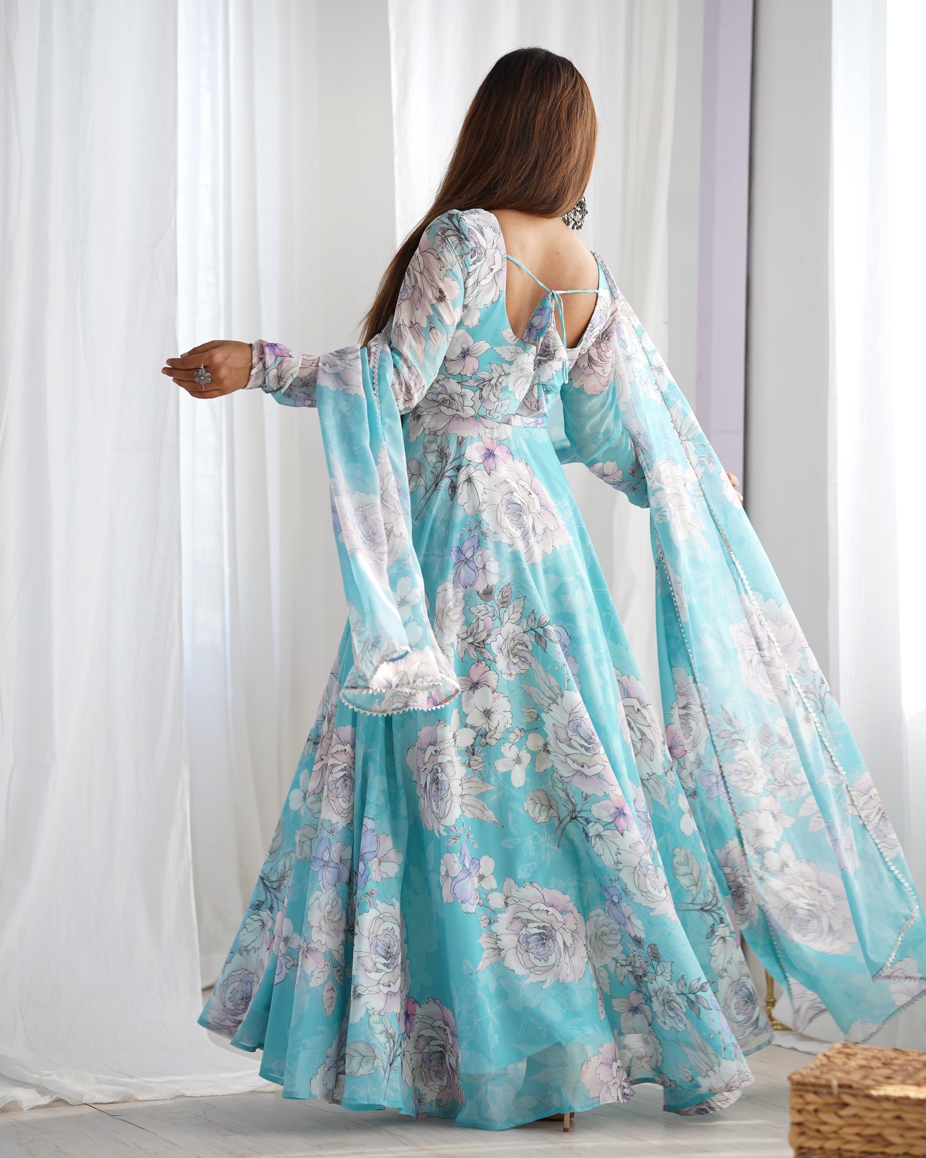 Georgette Printed Gown Set – Sky Blue Floral