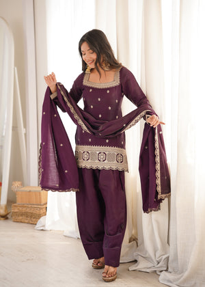 Glass Roman Silk Embroidered Kurta-Farshi Set – Purple