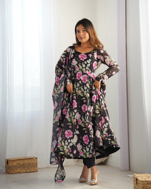Organza Silk Printed Anarkali Set – Black