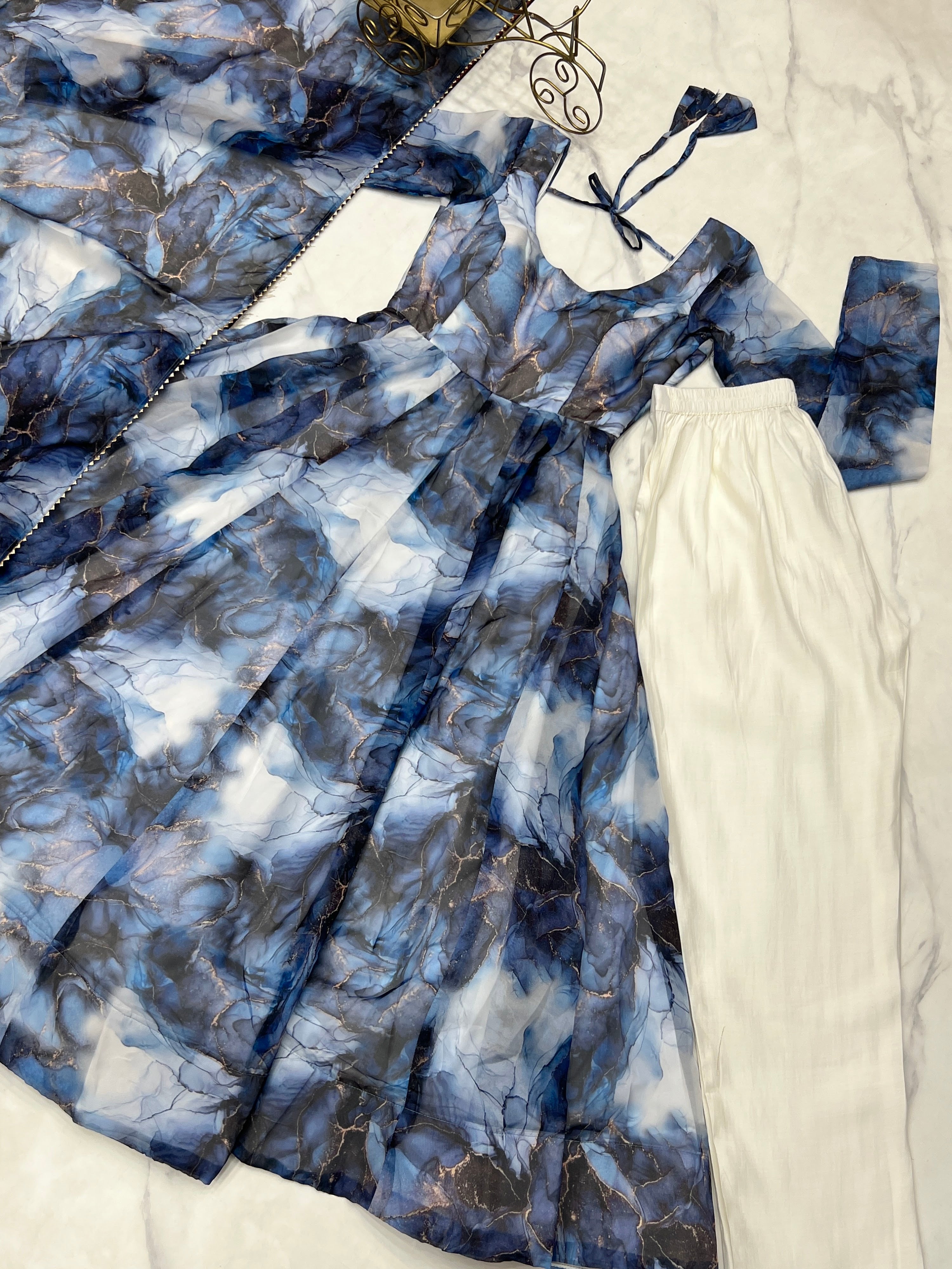 Organza Silk Printed Anarkali Set – Navy Blue