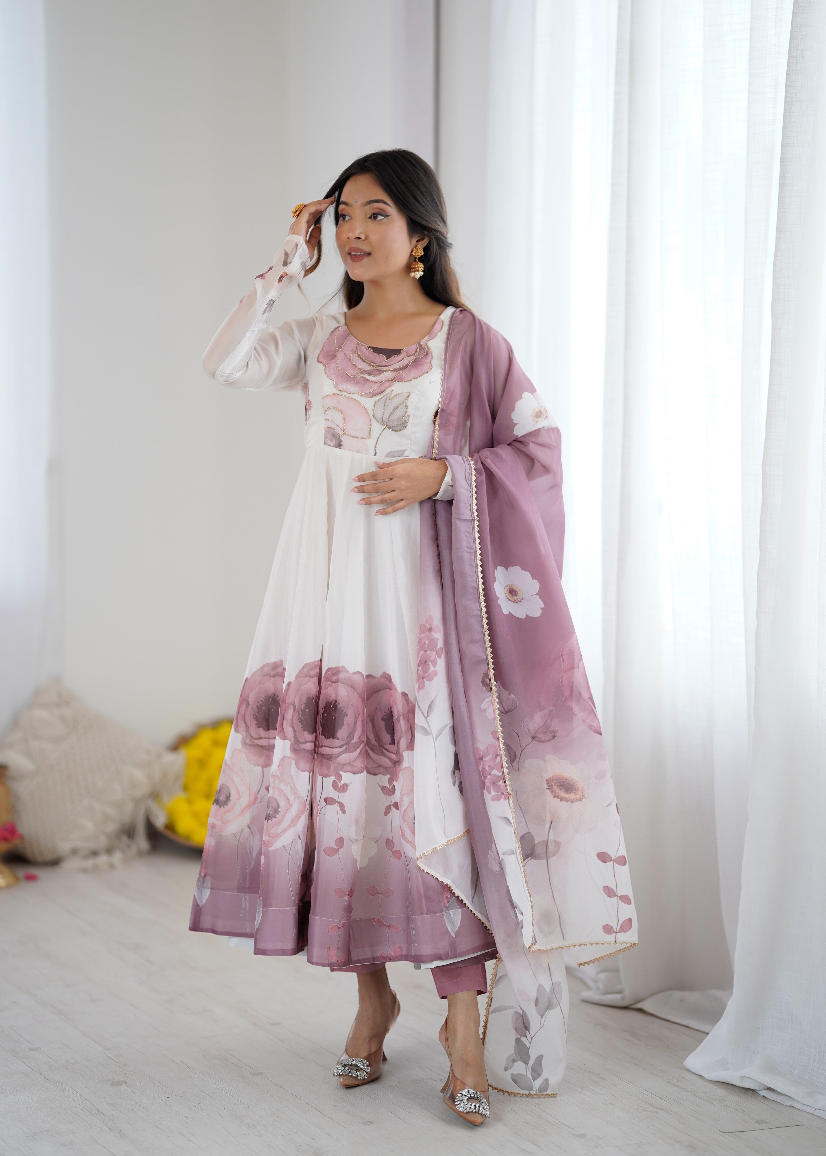 Organza Silk Printed Anarkali Set – Lilac Floral