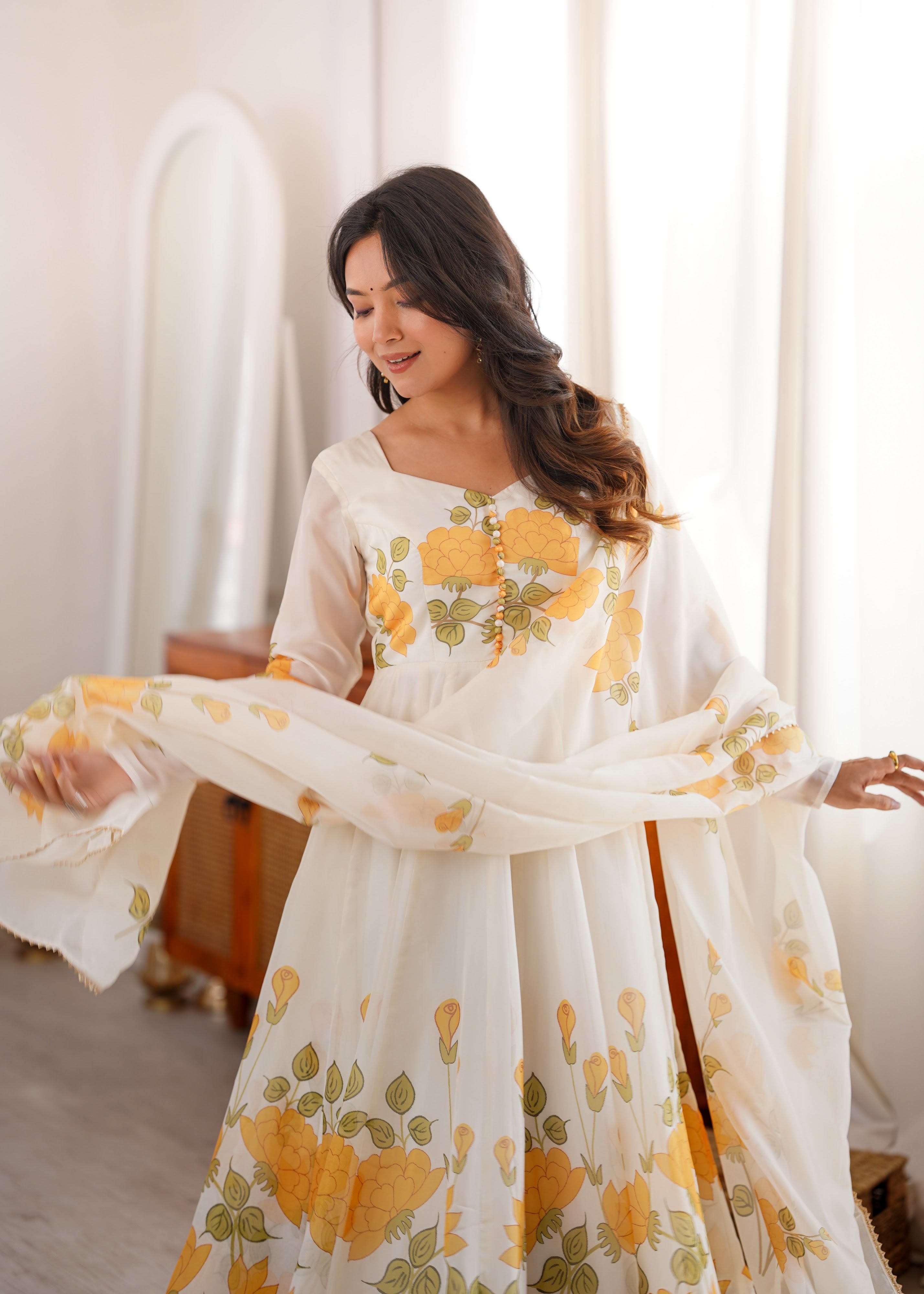 Organza Silk Printed Anarkali Set – Ivory Floral