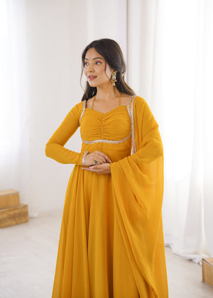 Georgette Embroidered Gown Set – Yellow