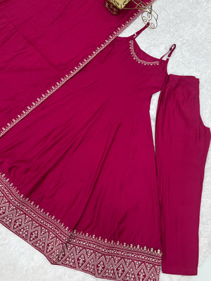 Roman Chanderi Silk Embroidered Anarkali Set – Rani Pink