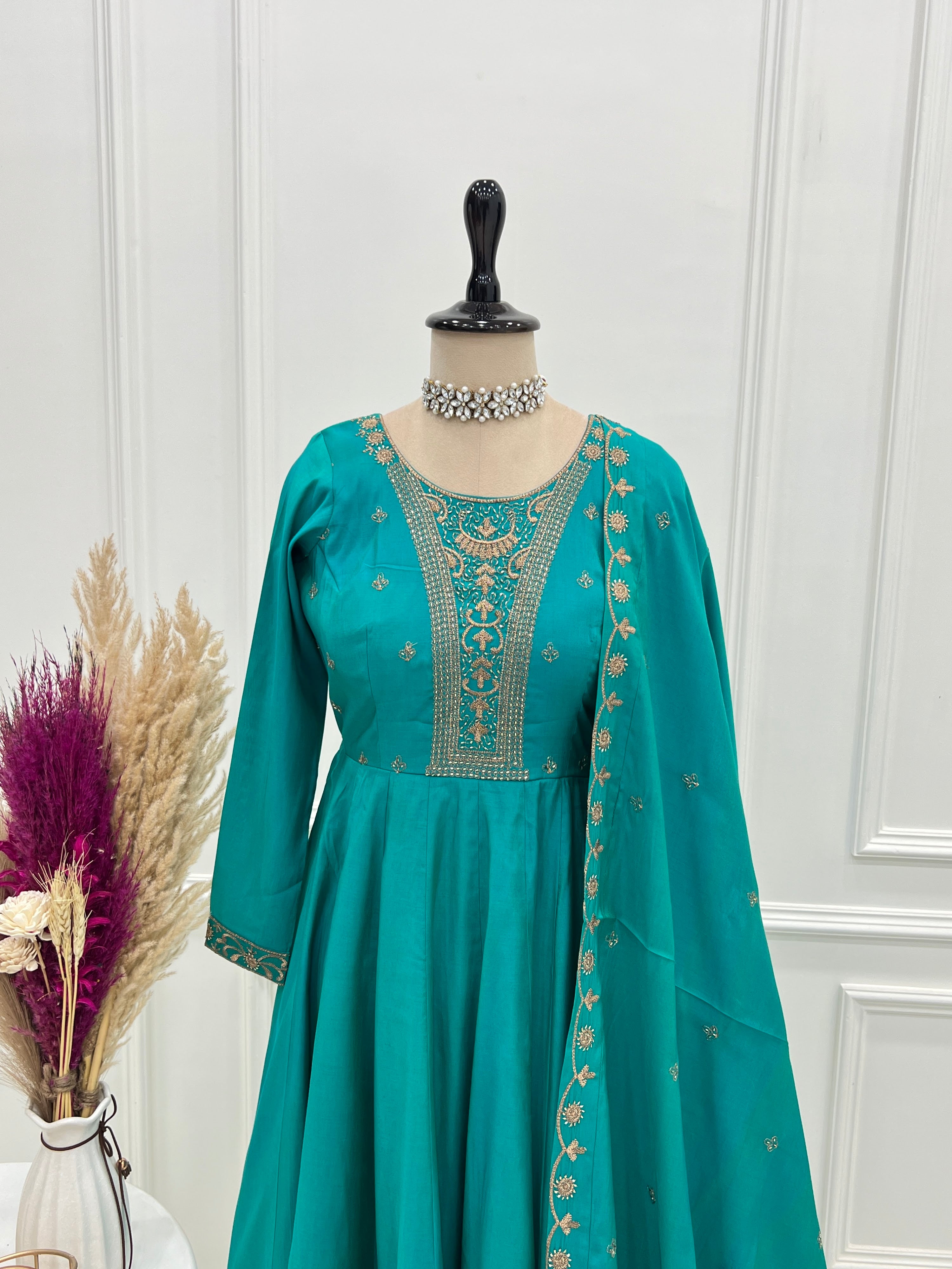 Roman Chanderi Silk Embroidered Anarkali Set – Teal Blue