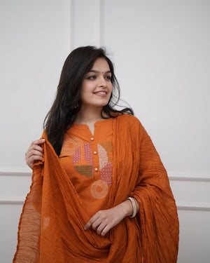 Rayon Slub Embroidered Kurta Pant Dupatta Set – Orange