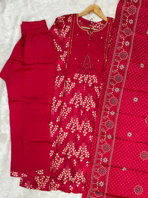 Pure Cotton Embroidered Straight Kurti Set – Red