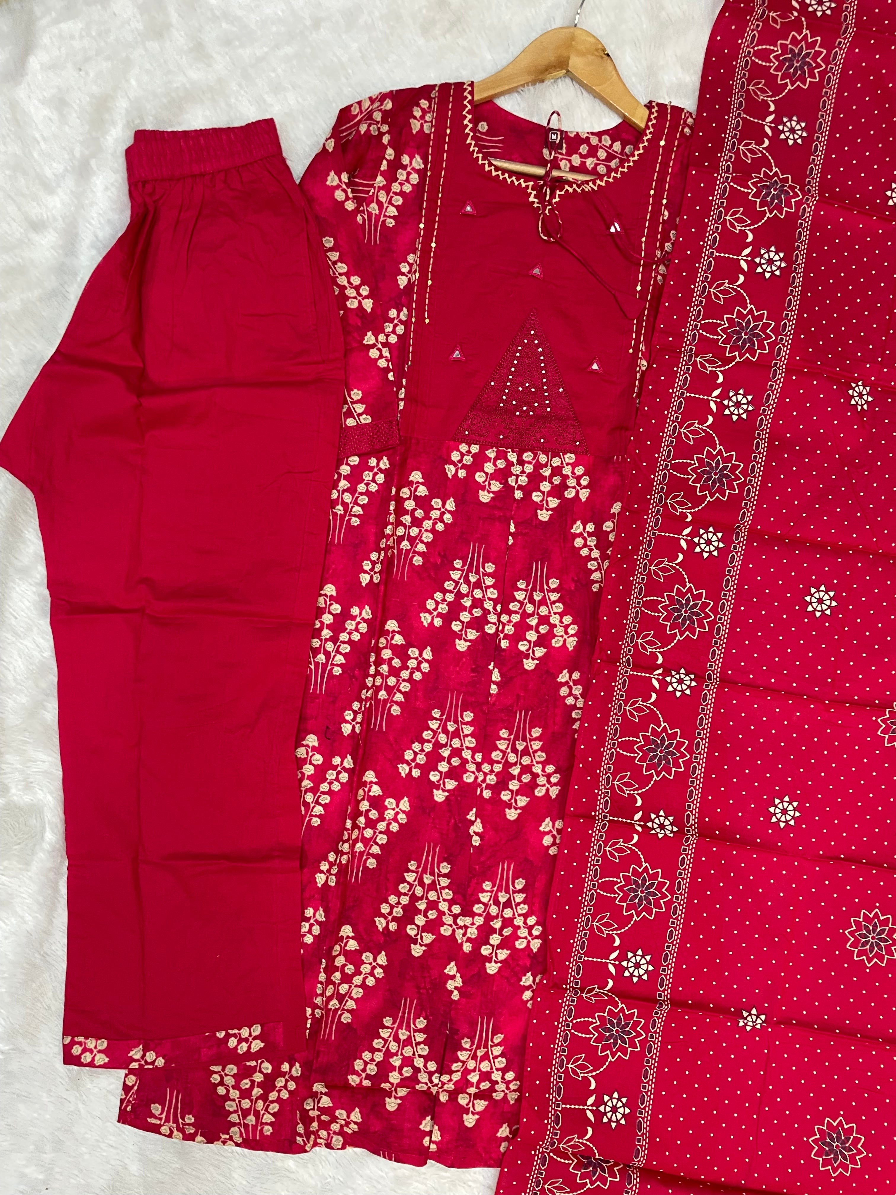 Pure Cotton Embroidered Straight Kurti Set – Red