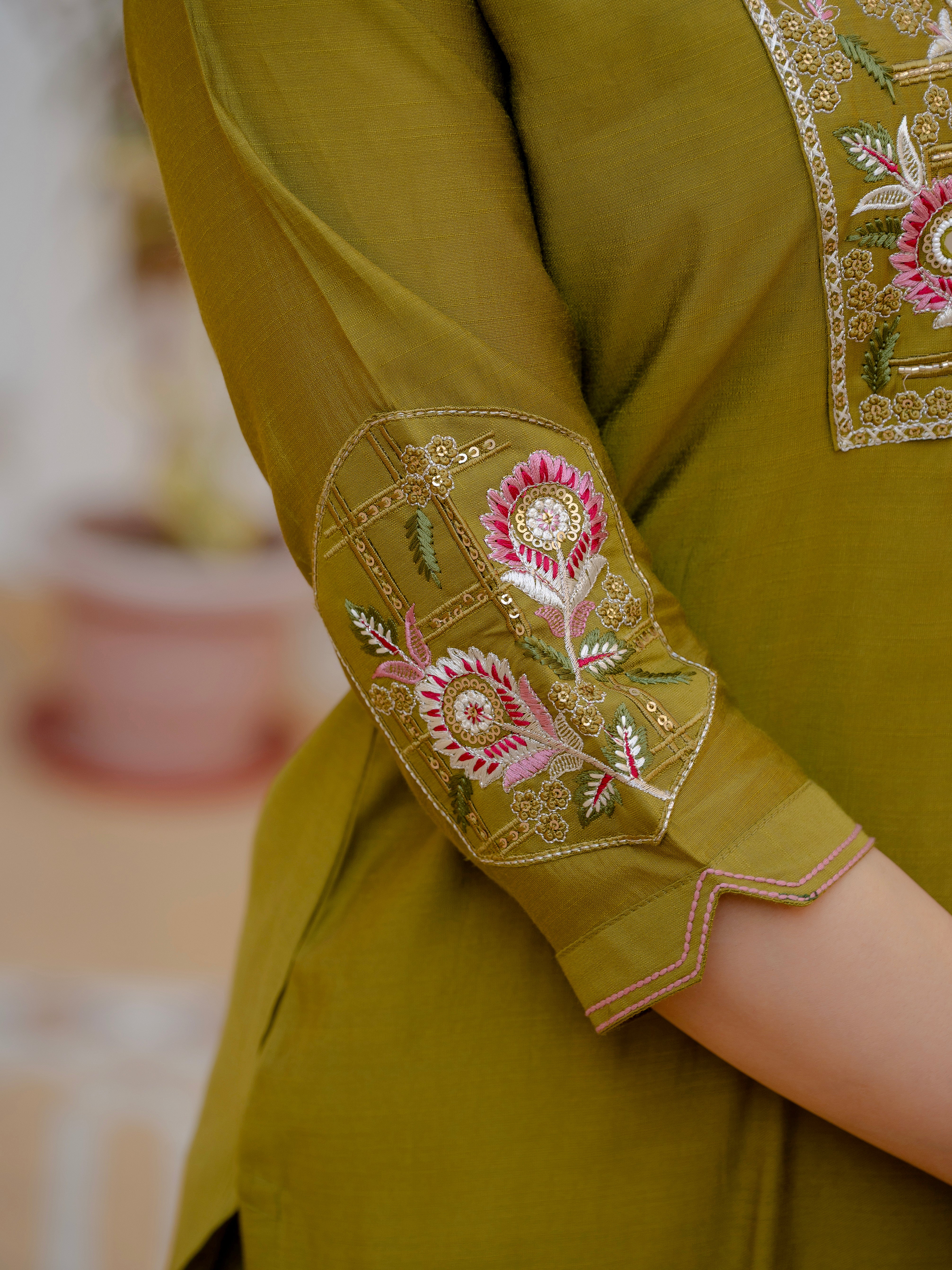 Pure Viscose Mango Silk Embroidered Straight Kurti Set – Mahendi Green