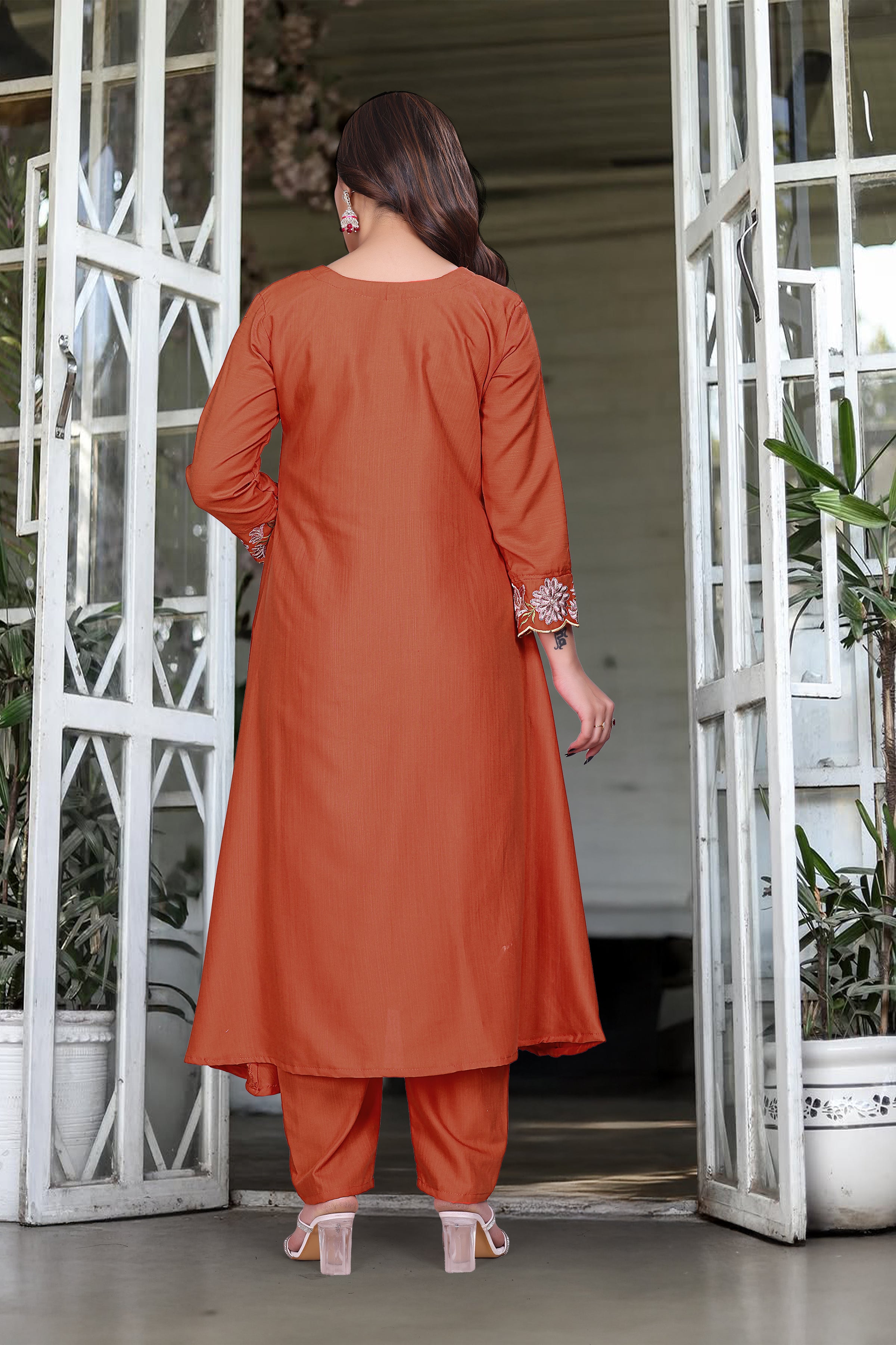 Soft Rayon Slub Embroidered Kurta Pant Dupatta Set – Orange