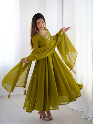 Georgette Embroidered Anarkali Set – Mehndi Green
