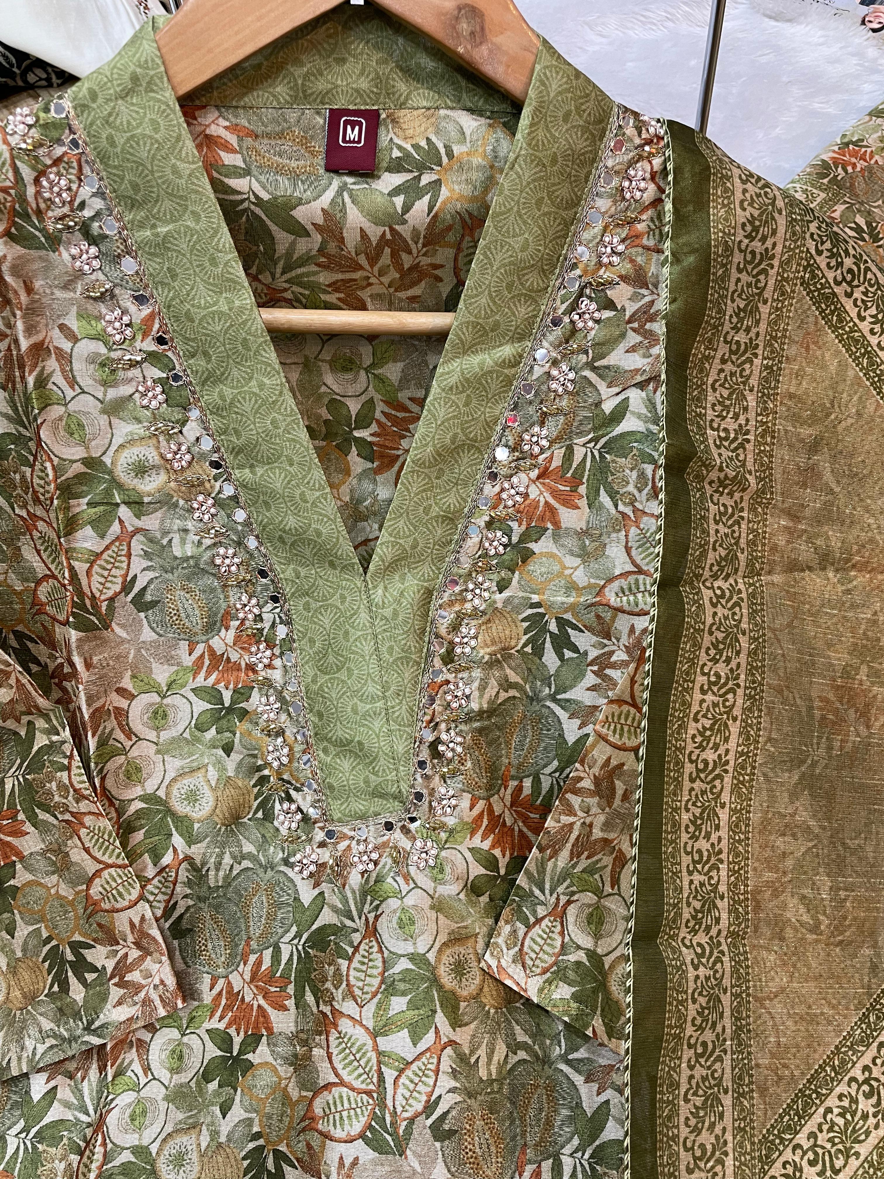 Zarna Silk Embroidered Straight Kurti Set – Sage Green
