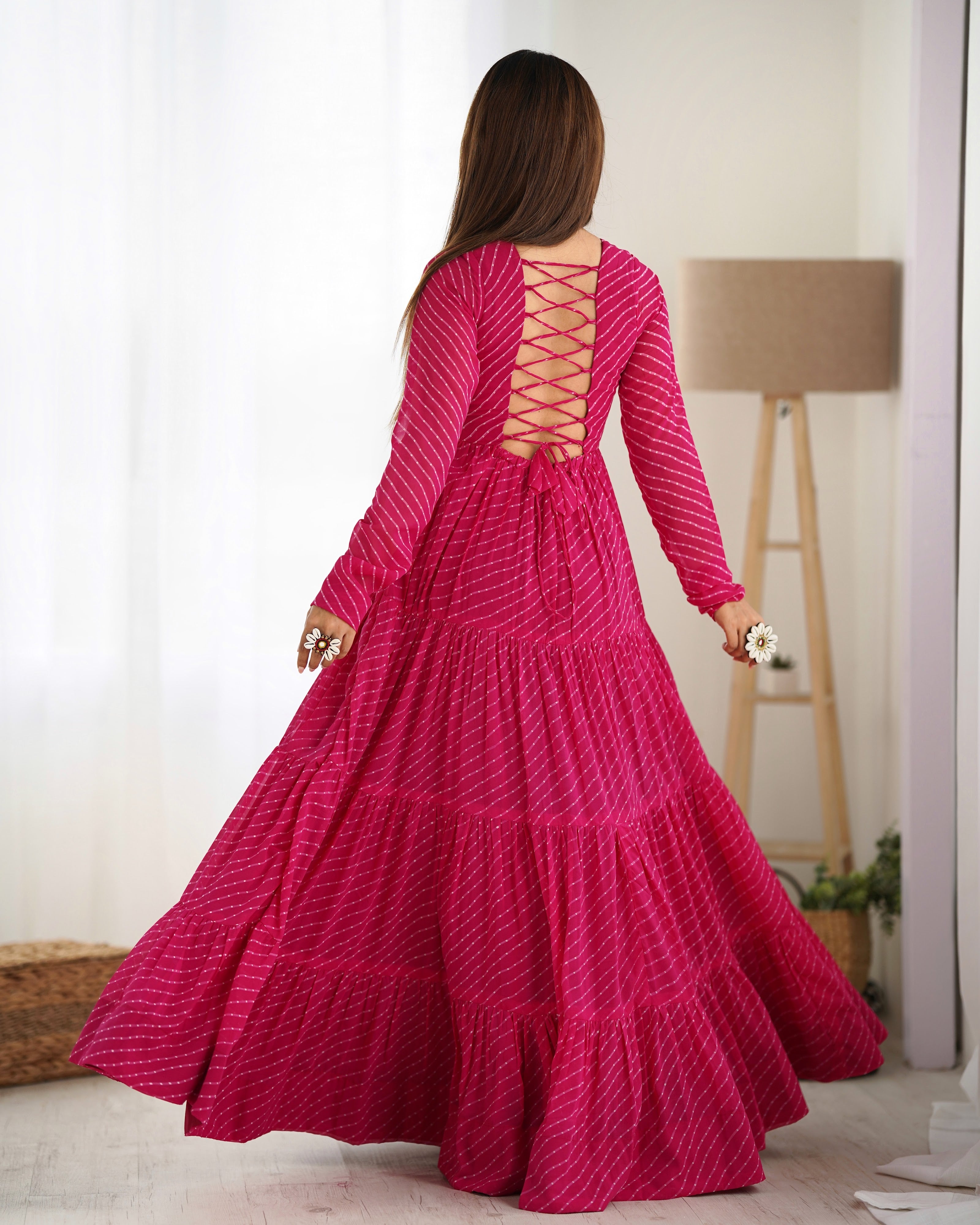 Georgette Printed Gown Set – Pink