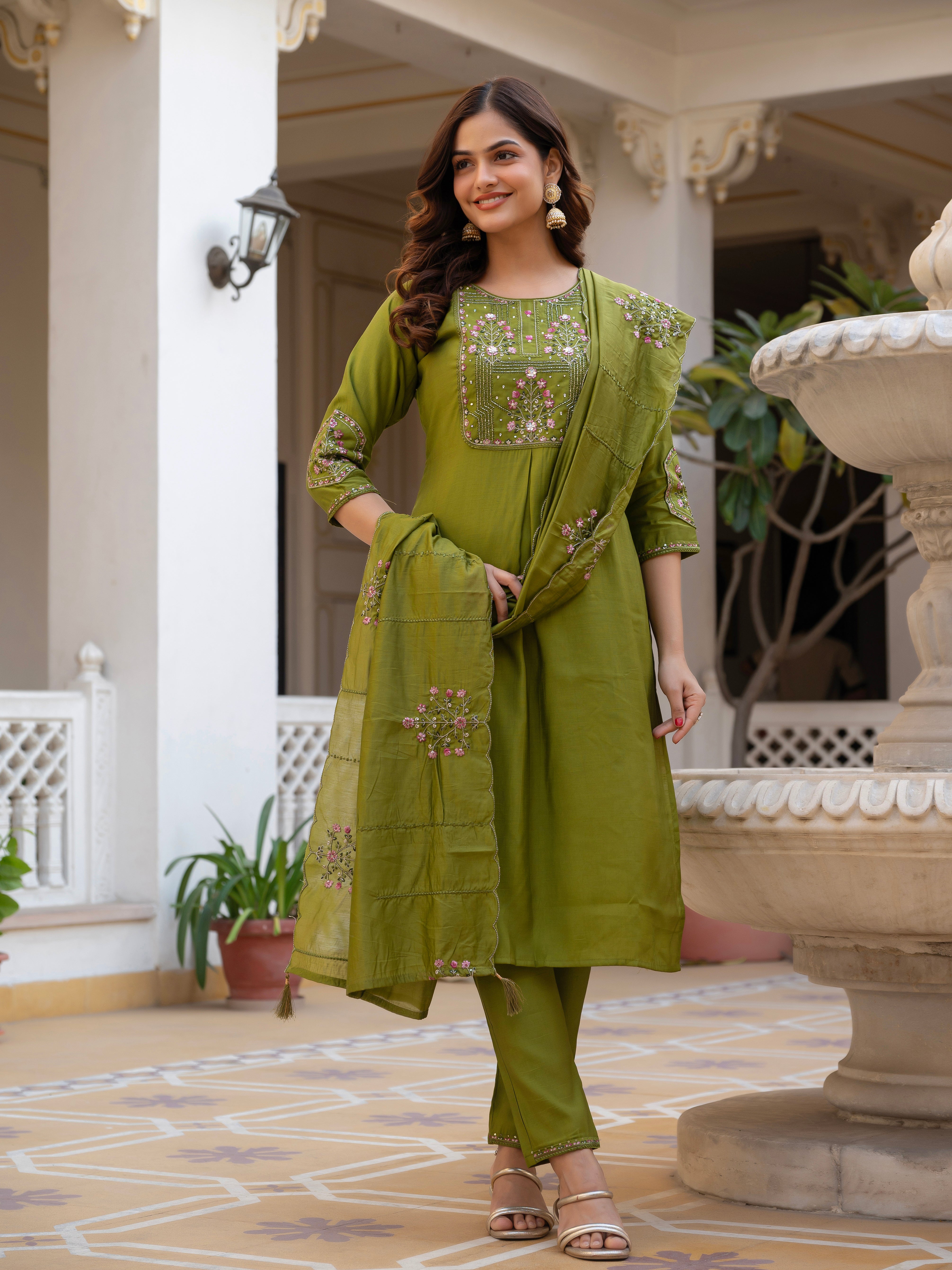 Pure Viscose Mango Silk Embroidered Straight Kurti Set – Mhendi Green