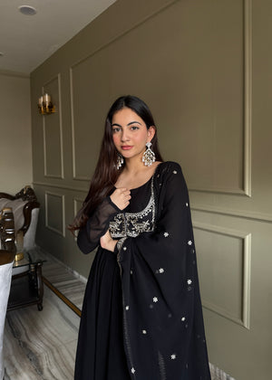 Georgette Embroidered Anarkali Set – Black