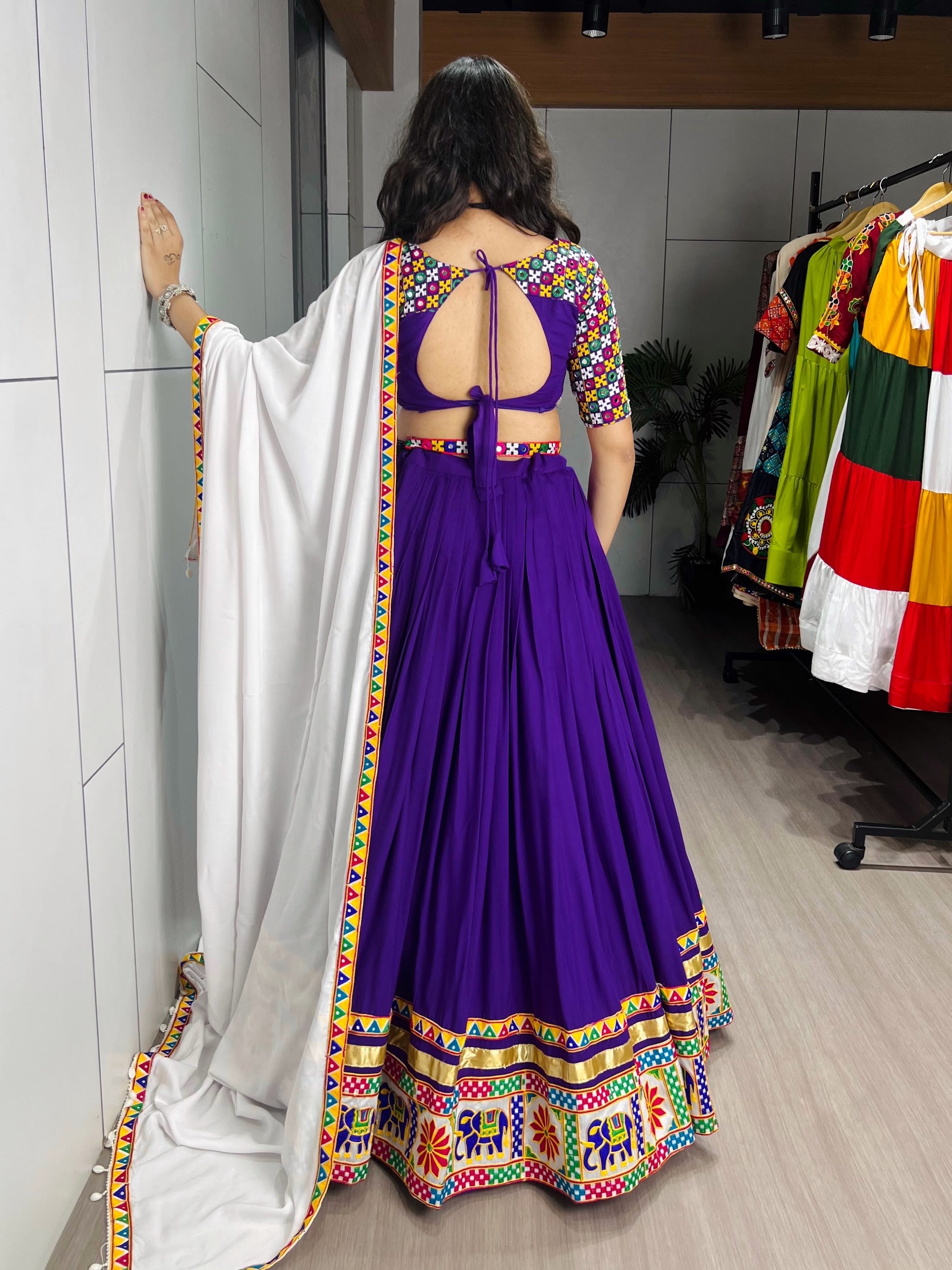 Navratri Purple White Shyama Lehenga Set