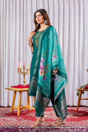 Viscose Silk Embroidered Straight Kurti Set – Green