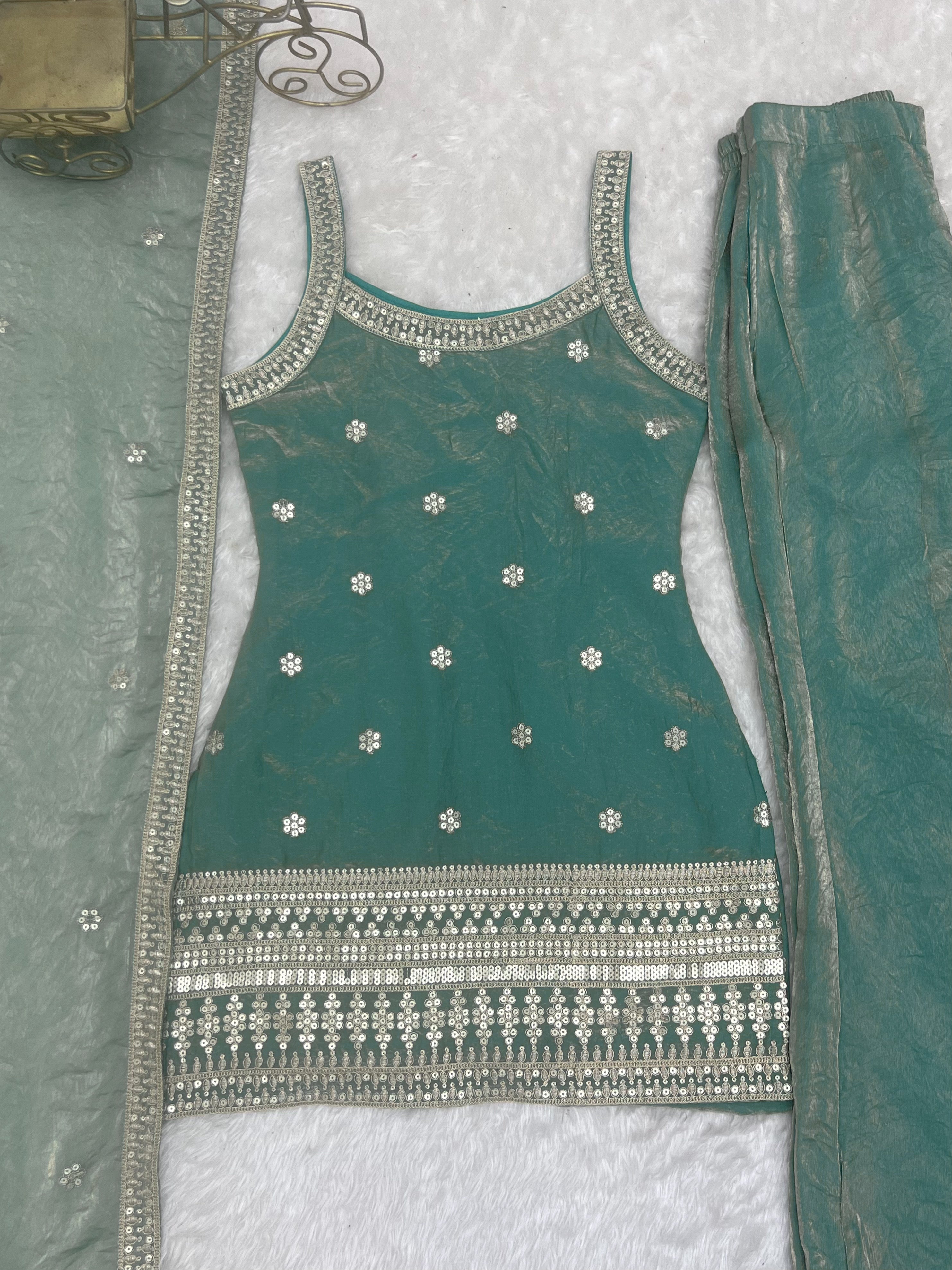 Frendy Silk Embroidered Bell Bottom Set – Sea Green