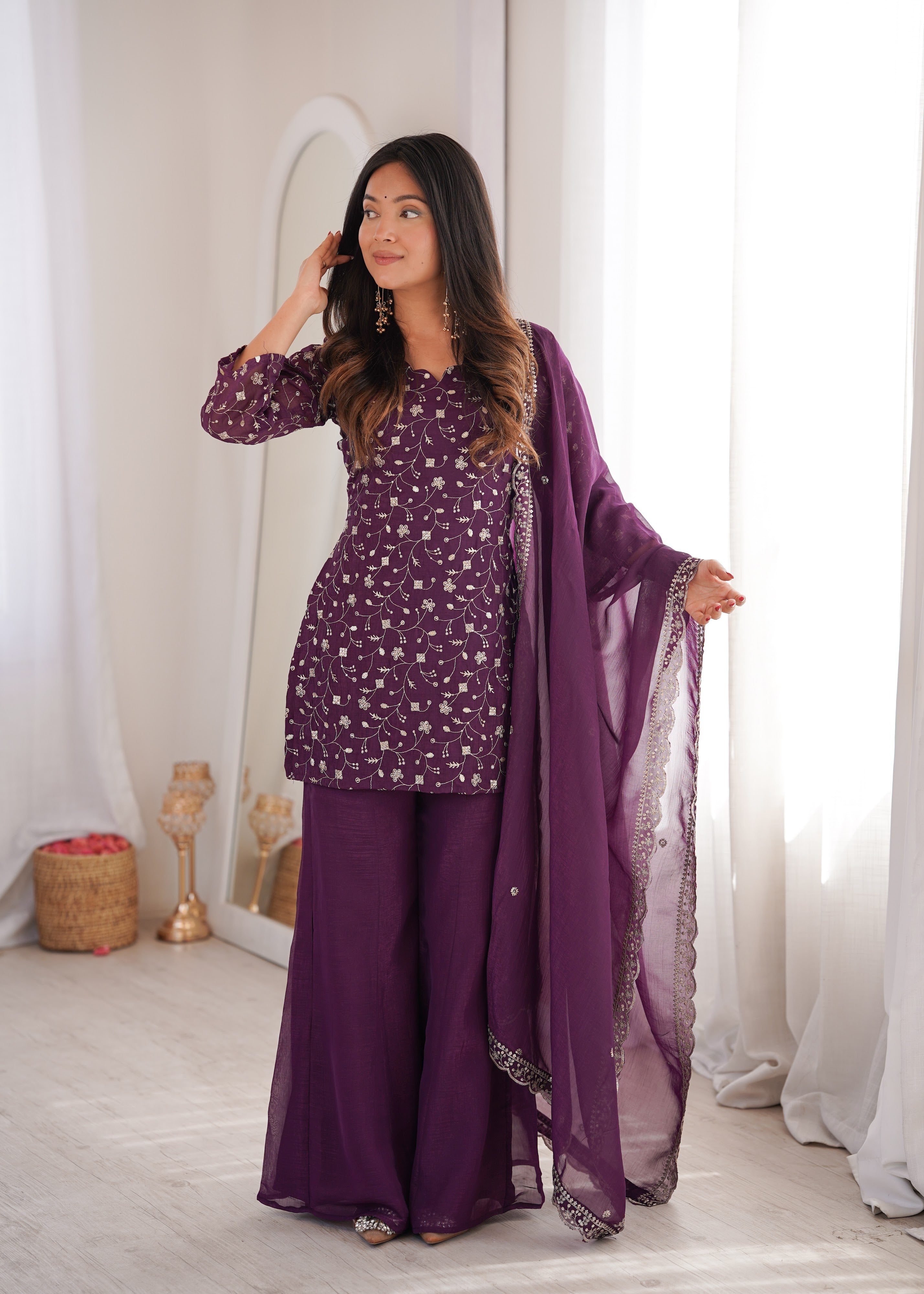 Crunchy Silk Embroidered Bell Bottom Set – Wine